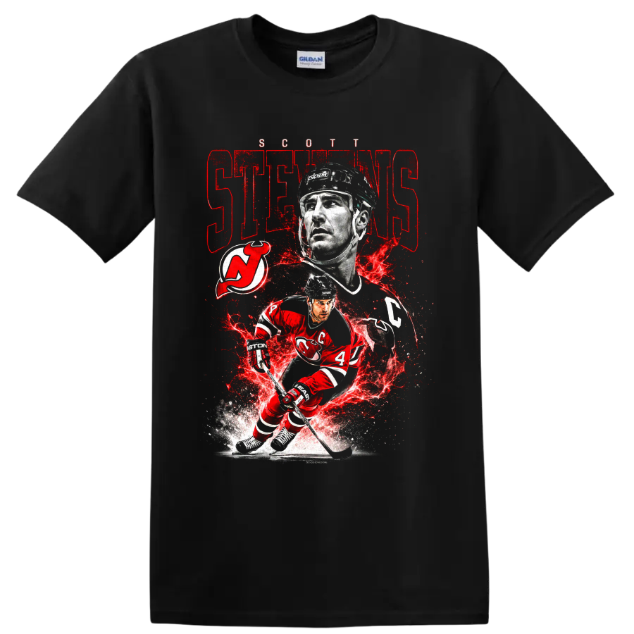 Scott Stevens New Jersey Devils hockey portrait and action graphic with team logo on a Black T Shirt