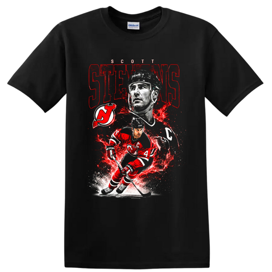 Scott Stevens New Jersey Devils hockey portrait and action graphic with team logo on a Black T Shirt