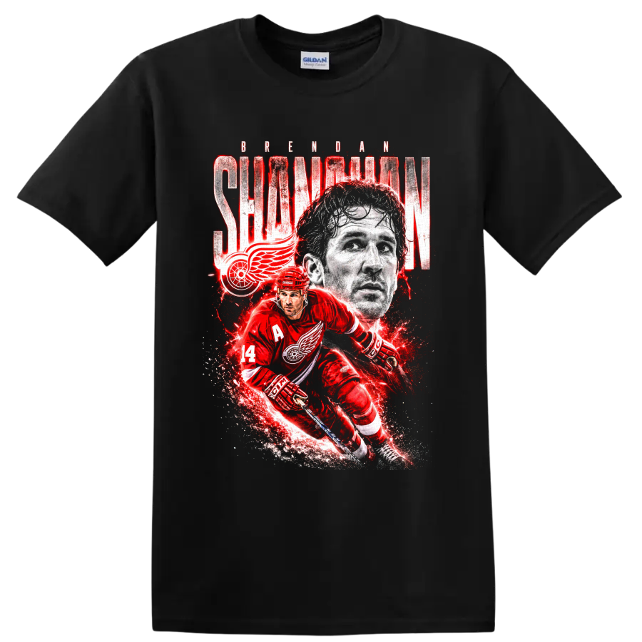 Brendan Shanahan Detroit Red Wings number 14 hockey action portrait graphic on a Black T Shirt