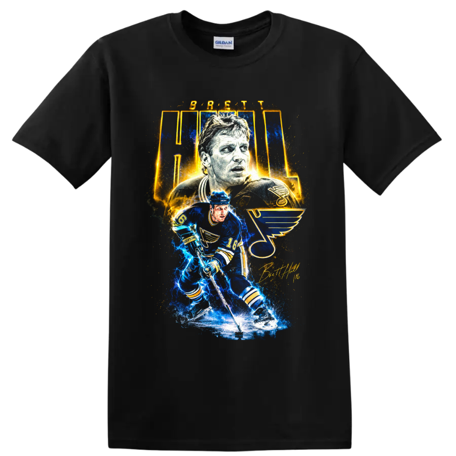 Brett Hull number 16 St. Louis Blues electric hockey tribute graphic on a Black T Shirt