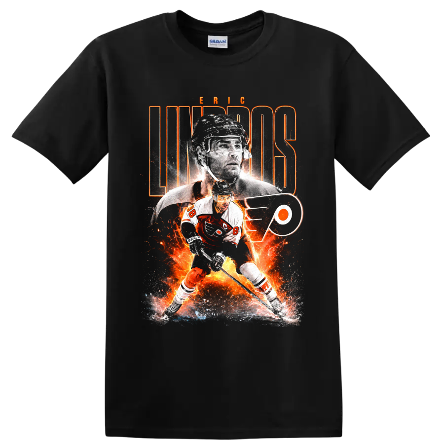 Eric Lindros Philadelphia Flyers hockey collage with fiery graphics and team logo on a Black T Shirt