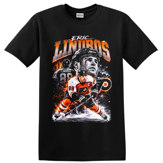 Eric Lindros Philadelphia Flyers vintage hockey collage with number 88 and bold lettering on a Black T Shirt