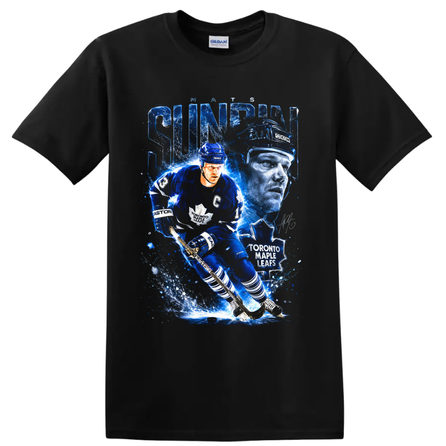 Mats Sundin Toronto Maple Leafs hockey action collage with icy blue effects on a Black T Shirt