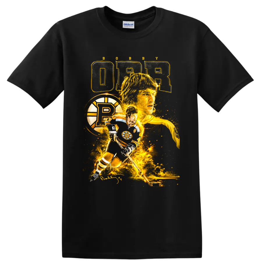 Bobby Orr Boston Bruins hockey collage with number 4, puck, action pose, and signature on a Black T Shirt