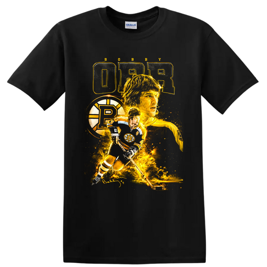 Bobby Orr Boston Bruins hockey collage with number 4, puck, action pose, and signature on a Black T Shirt