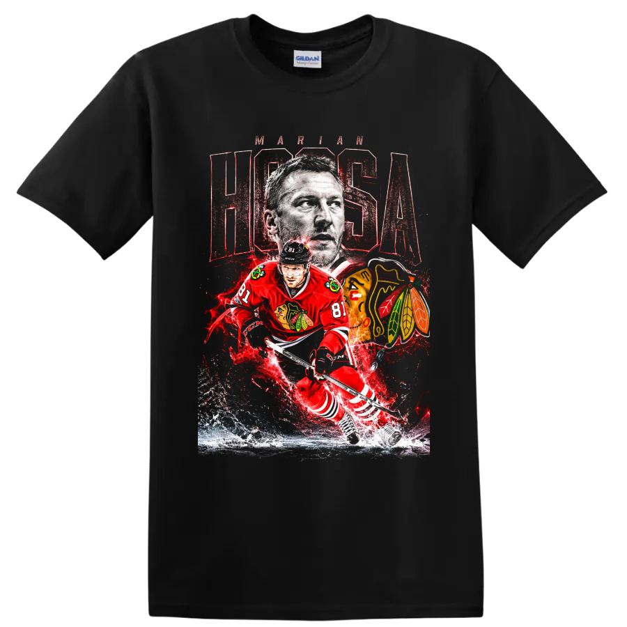 Marian Hossa Chicago Blackhawks number 81 portrait and action hockey graphic on a Black T Shirt