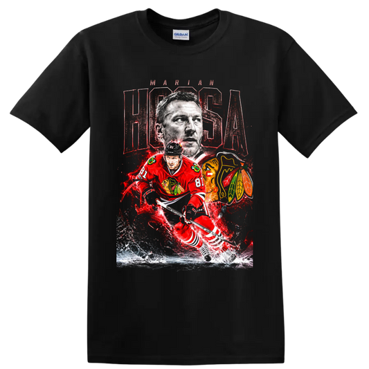 Marian Hossa Chicago Blackhawks number 81 portrait and action hockey graphic on a Black T Shirt
