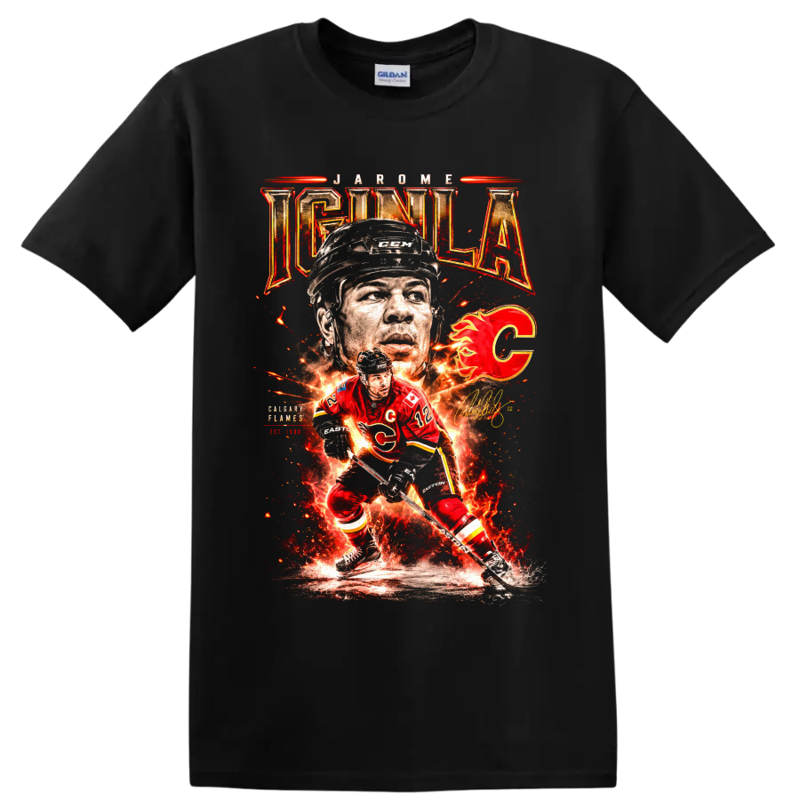Jarome Iginla Calgary Flames fiery hockey action collage with number 12 and flaming C on a Black T Shirt