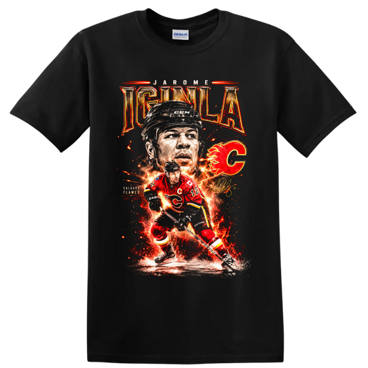 Jarome Iginla Calgary Flames fiery hockey action collage with number 12 and flaming C on a Black T Shirt