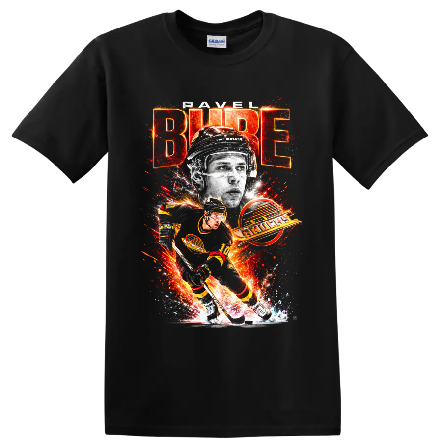 Pavel Bure Vancouver Canucks hockey action graphic with BURE and Canucks text on a Black T Shirt