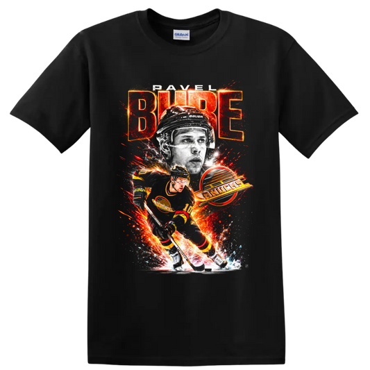 Pavel Bure Vancouver Canucks hockey action graphic with BURE and Canucks text on a Black T Shirt