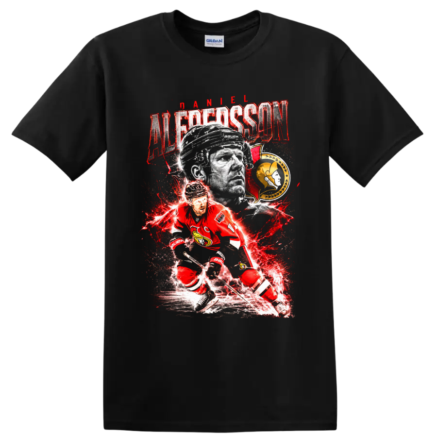 Daniel Alfredsson Ottawa Senators hockey portrait and action graphic with distressed on a Black T Shirt