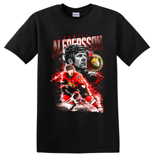 Daniel Alfredsson Ottawa Senators hockey portrait and action graphic with distressed on a Black T Shirt