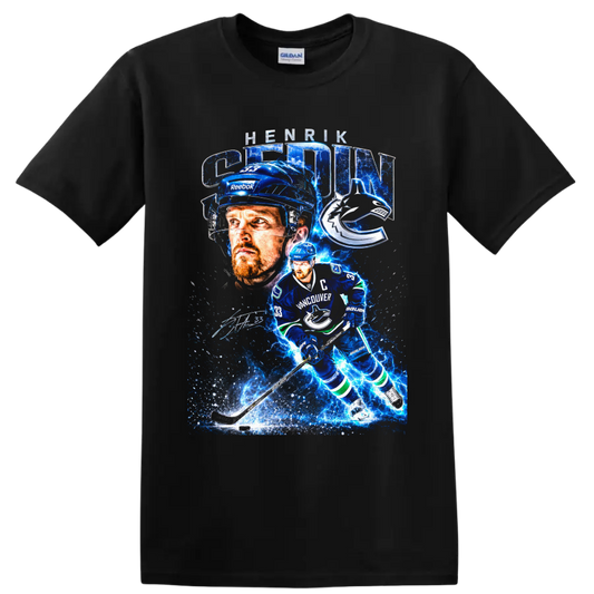 Henrik Sedin Vancouver Canucks captain electric blue hockey collage on a Black T Shirt