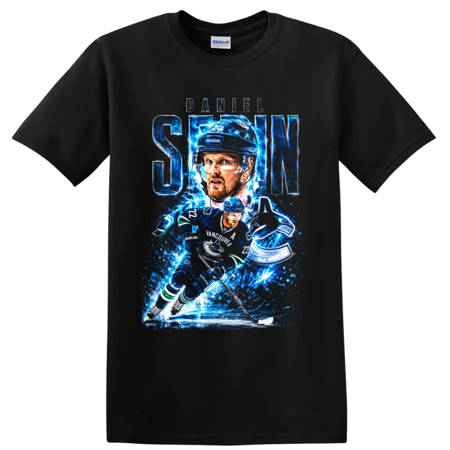 Daniel Sedin Vancouver Canucks hockey action graphic with blue ice effects and number 22 on a Black T Shirt