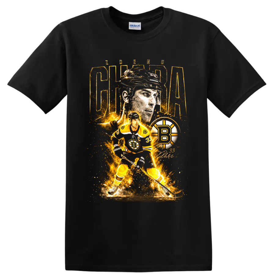 Zdeno Chara Boston Bruins fiery collage graphic with captain portrait and number 33 on a Black T Shirt