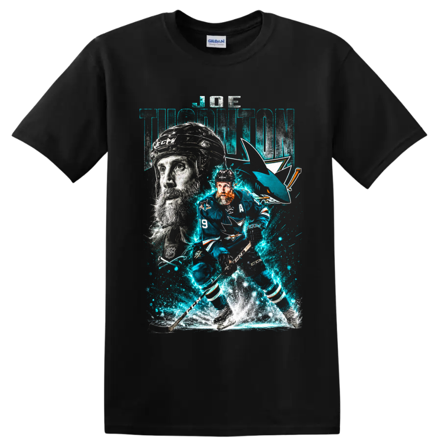 Joe Thornton San Jose Sharks hockey action collage with electric teal ice effects on a Black T Shirt
