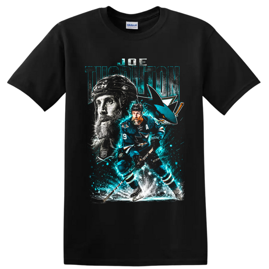 Joe Thornton San Jose Sharks hockey action collage with electric teal ice effects on a Black T Shirt