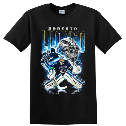 Roberto Luongo Vancouver Canucks goalie graphic with electric blue hockey artwork on a Black T Shirt