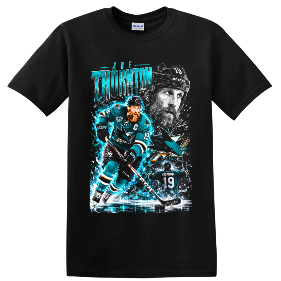 Joe Thornton San Jose Sharks hockey collage with number 19 action art and teal effects on a Black T Shirt