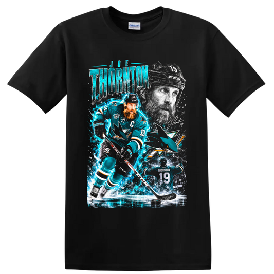 Joe Thornton San Jose Sharks hockey collage with number 19 action art and teal effects on a Black T Shirt