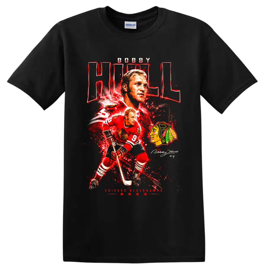 Bobby Hull Chicago Blackhawks number 9 hockey collage with red vintage graphic effects on a Black T Shirt