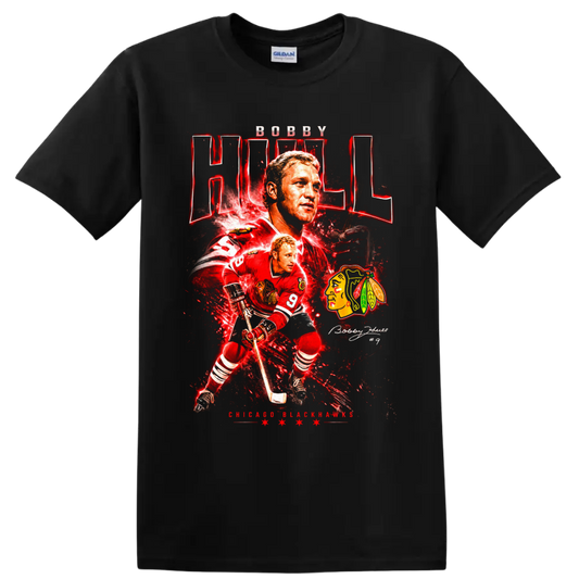 Bobby Hull Chicago Blackhawks number 9 hockey collage with red vintage graphic effects on a Black T Shirt