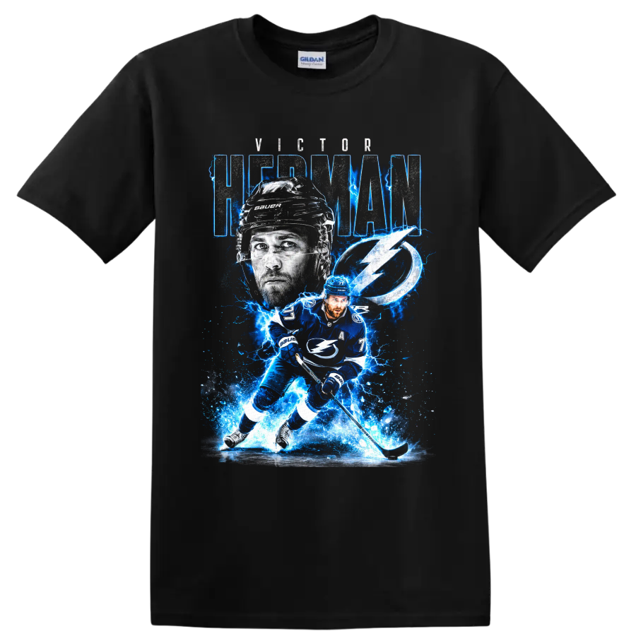 Victor Hedman Tampa Bay hockey player graphic with number 77 and electric blue lightning on a Black T Shirt