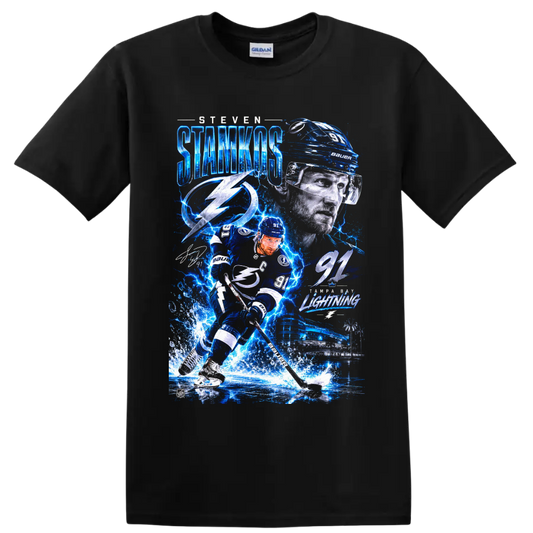 Steven Stamkos Tampa Bay Lightning number 91 electric hockey collage graphic on a Black T Shirt