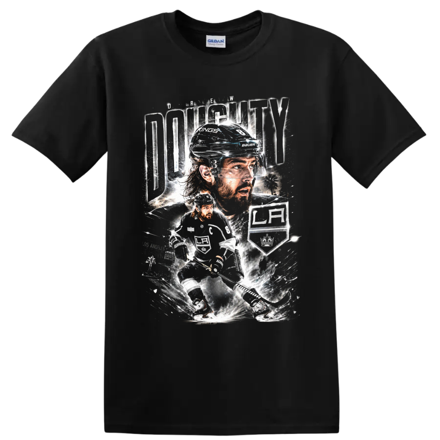 Drew Doughty Los Angeles Kings hockey portrait and skating action graphic on a Black T Shirt