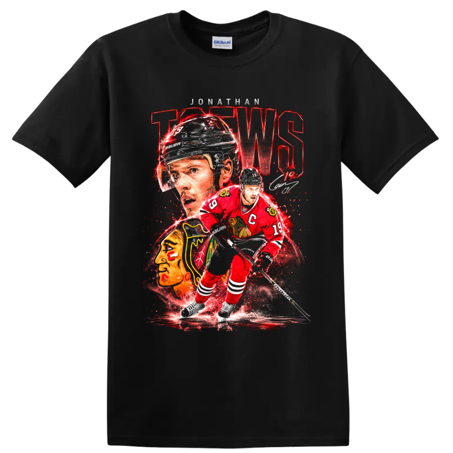 Jonathan Toews Blackhawks number 19 hockey collage with captain jersey and autograph on a Black T Shirt