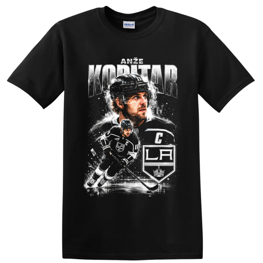 Anze Kopitar Los Angeles Kings captain hockey collage with LA shield and action art on a Black T Shirt