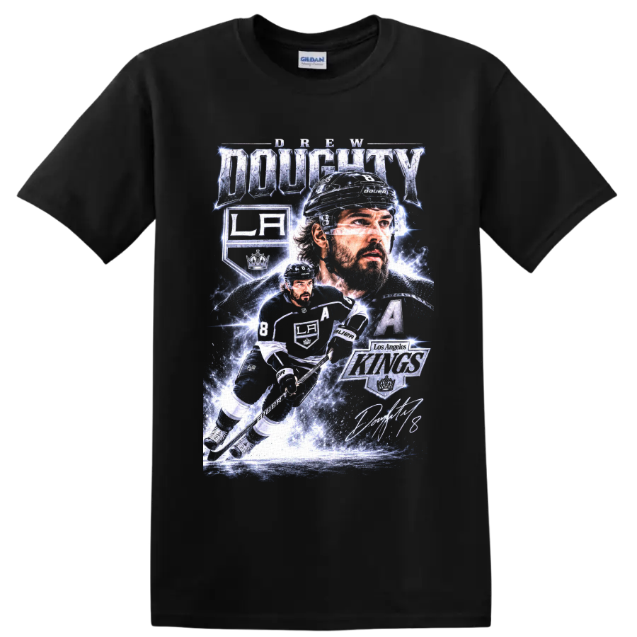 Drew Doughty Los Angeles Kings hockey action collage with number 8 and captain’s A on a Black T Shirt