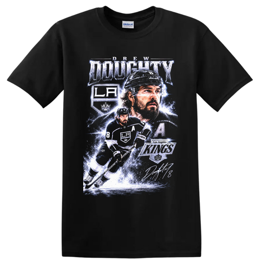 Drew Doughty Los Angeles Kings hockey action collage with number 8 and captain’s A on a Black T Shirt
