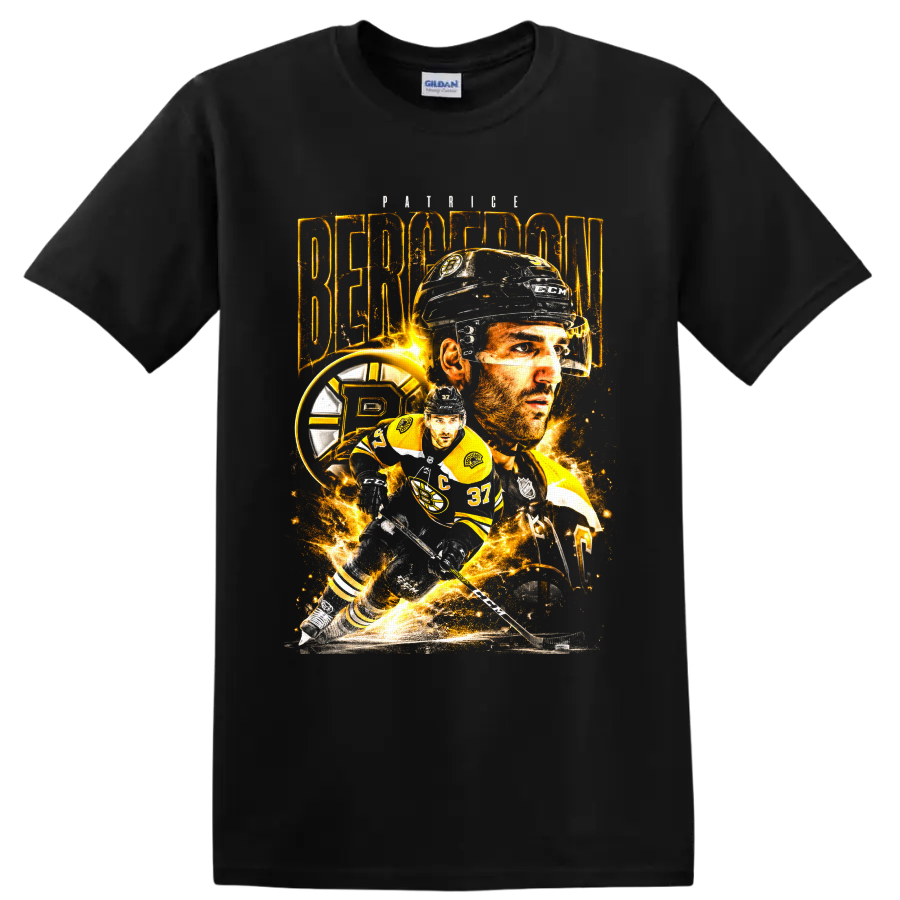 Patrice Bergeron Boston Bruins hockey player collage with gold sparks and action pose on a Black T Shirt