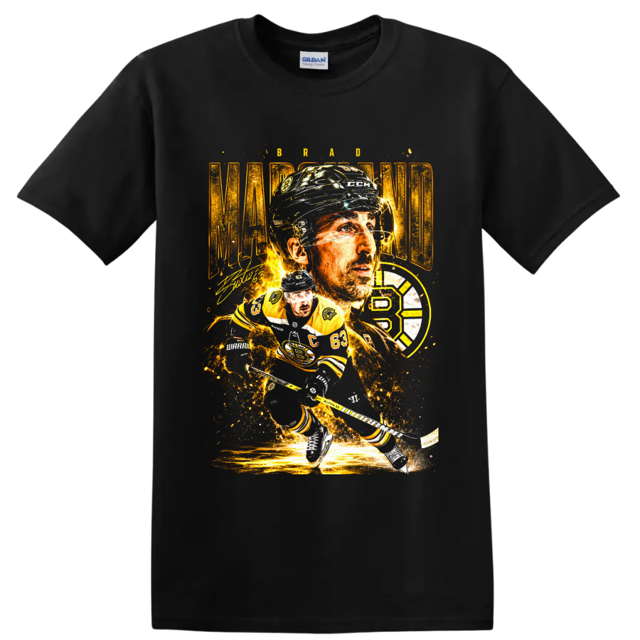 Brad Marchand number 63 hockey portrait and action collage with gold Bruins-style emblem on a Black T Shirt