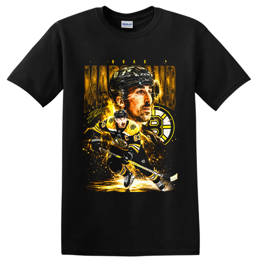 Brad Marchand number 63 hockey portrait and action collage with gold Bruins-style emblem on a Black T Shirt