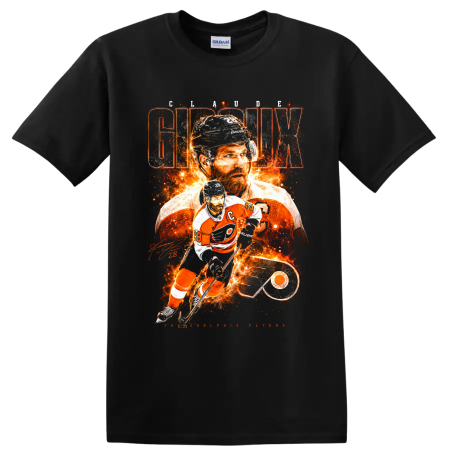Claude Giroux Flyers hockey collage with fiery action art and Giroux lettering on a Black T Shirt