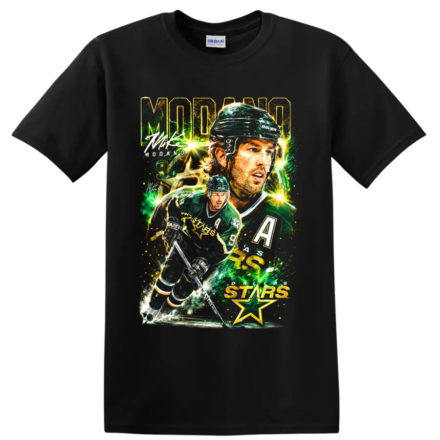 Mike Modano Dallas Stars hockey collage graphic with number 9 and star imagery on a Black T Shirt