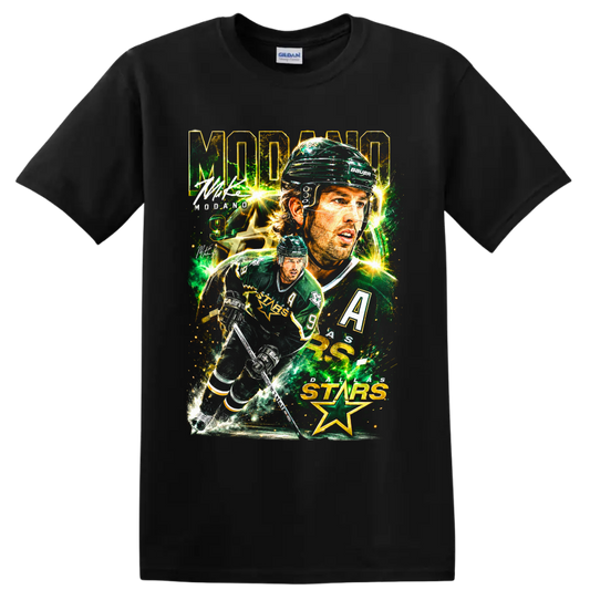 Mike Modano Dallas Stars hockey collage graphic with number 9 and star imagery on a Black T Shirt
