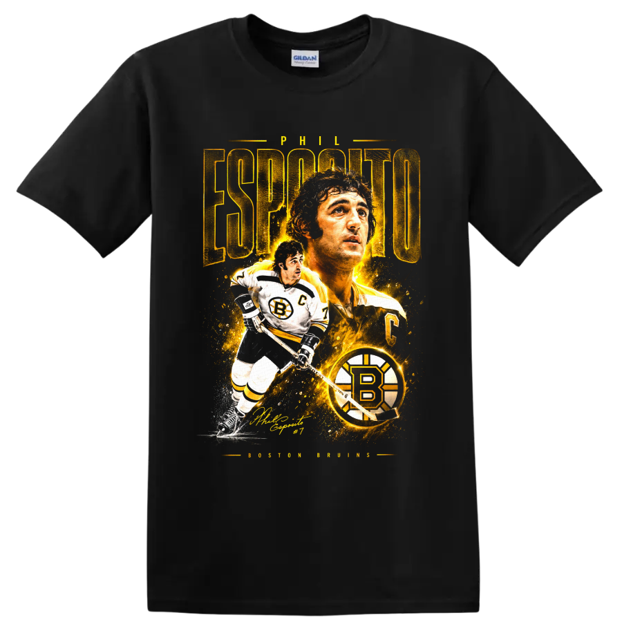 Phil Esposito Boston Bruins gold portrait and skating hockey graphic with number 7 on a Black T Shirt