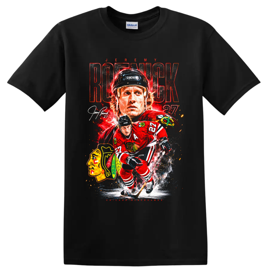 Jeremy Roenick Chicago Blackhawks hockey player collage with distressed ROENICK lettering on a Black T Shirt