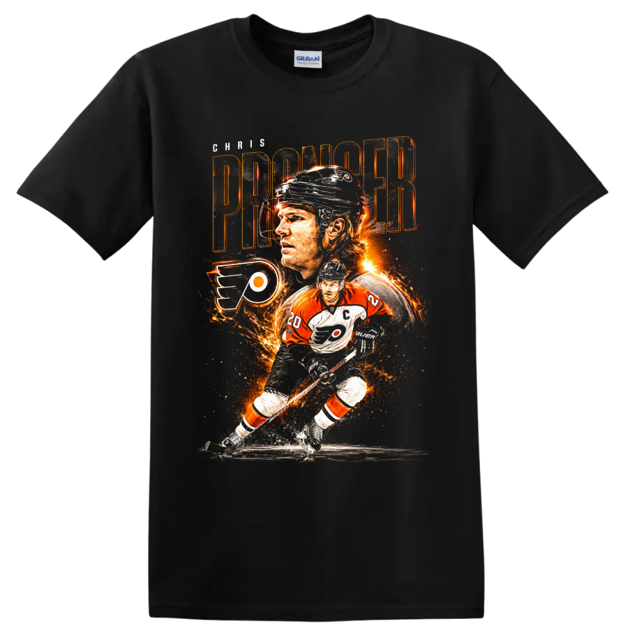 Chris Pronger Philadelphia Flyers hockey collage with fiery action artwork on a Black T Shirt