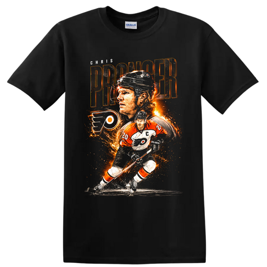 Chris Pronger Philadelphia Flyers hockey collage with fiery action artwork on a Black T Shirt