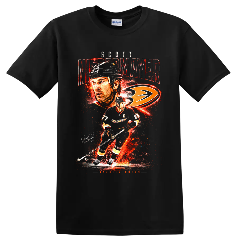 Scott Niedermayer Anaheim Ducks fiery hockey collage with captain jersey and team logo on a Black T Shirt