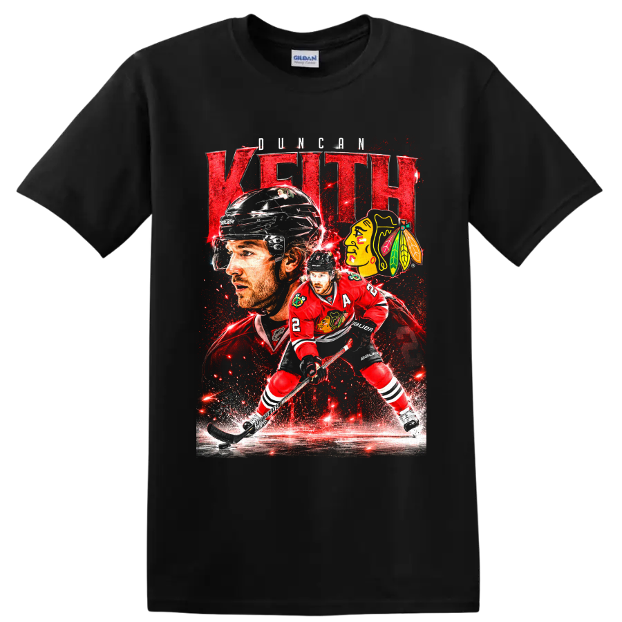 Duncan Keith Chicago Blackhawks hockey action collage with bold name text and team logo on a Black T Shirt