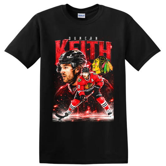 Duncan Keith Chicago Blackhawks hockey action collage with bold name text and team logo on a Black T Shirt