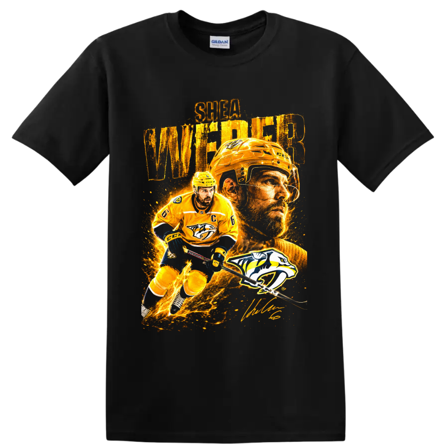 Shea Weber Nashville Predators hockey collage with player portrait, action pose, and team on a Black T Shirt