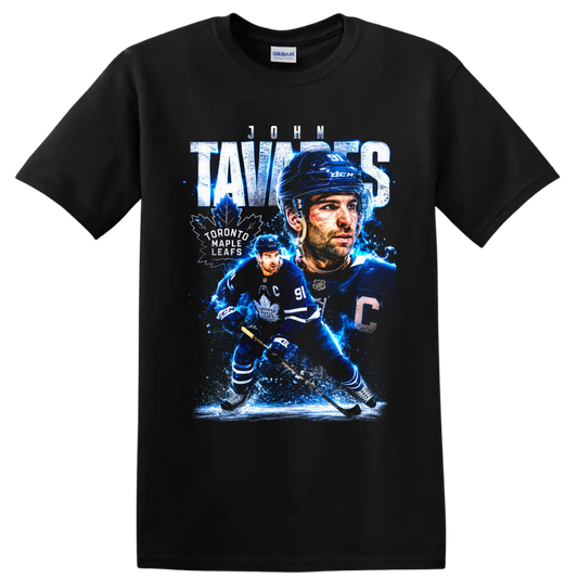 John Tavares Toronto Maple Leafs captain hockey collage with icy blue action art on a Black T Shirt