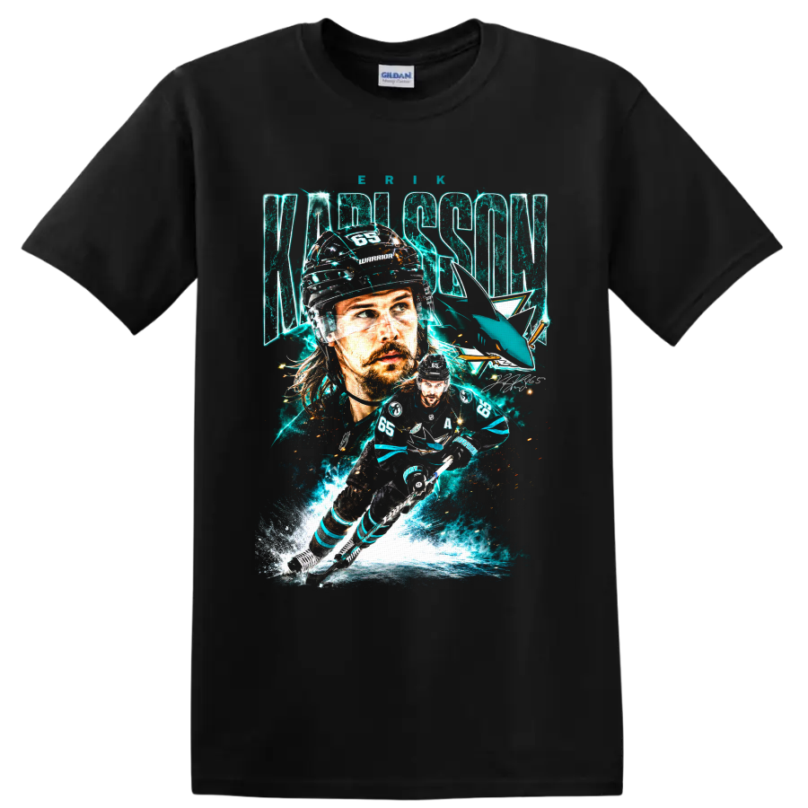 Erik Karlsson No. 65 San Jose Sharks hockey portrait and action collage graphic on a Black T Shirt